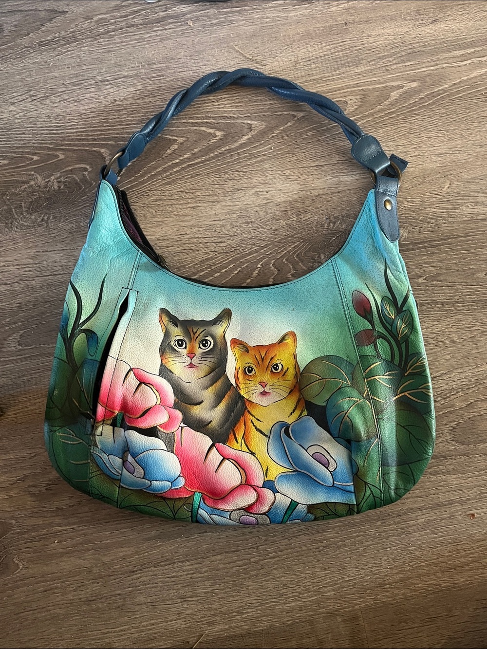 Anuschka Teal Hand-Painted Leather Cat Shoulder Bag with Multicolor Floral Art